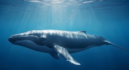 Fototapeta premium Large whale swims underwater with sunlight filtering through the ocean water freely