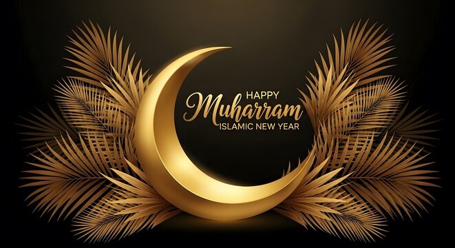 Happy muharram day islamic new year with golden crescent moon lighting colorful festival concept