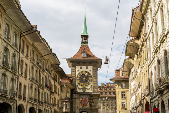 Bern, Switzerland - October 21, 2025 : Zytglogge medieval clock tower landmark over the historic street.