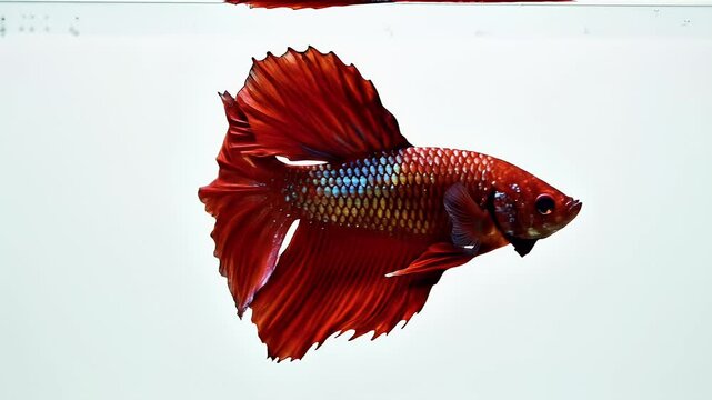 A vibrant red Betta fish gracefully swims in a clear aquarium.