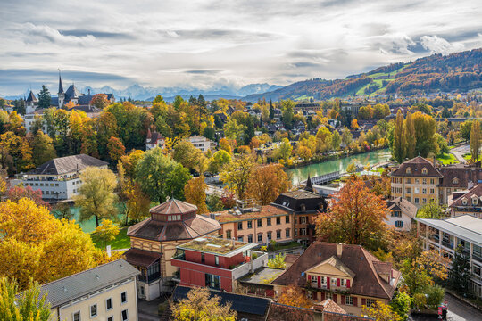 Bern Old City autumn landscape with Aare river and Gurten mountain. Bern, Switzerland.