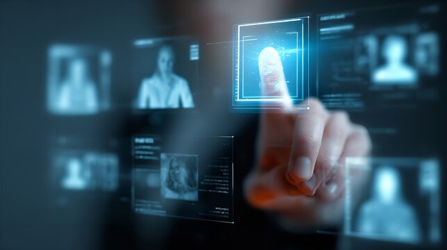 Human finger touches digital fingerprint reader for biometric identification and security.