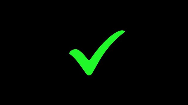 Correct sign and approval symbol animation on black background. animated checkmark for success. check mark sign, verify complete sign, approved, select tick, success , approved, yes icon signs