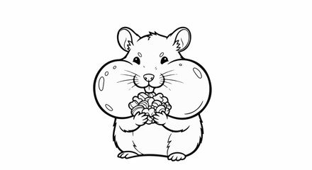 Fototapeta premium A black and white drawing of a cute hamster with full cheeks holding a pile of food