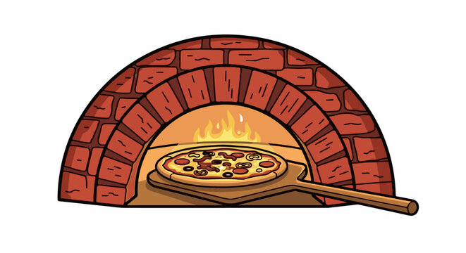 A cartoon brick oven with a pizza on a peel, glowing with flames