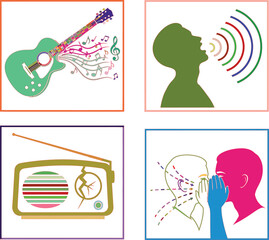 Four-panel of sound, music, radio, and communication