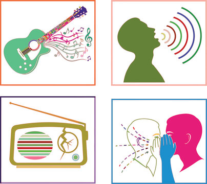 Four-panel of sound, music, radio, and communication