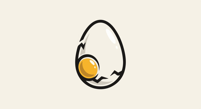 A cartoon-style cracked egg with a bright yellow yolk on a cream background