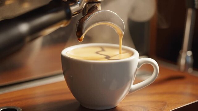 Espresso pouring into a white ceramic cup on wooden surface
