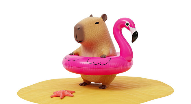 Capybara in Flamingo Float on Sandy Beach with Starfish