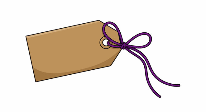 A brown cardboard gift tag with a purple string tied through the hole