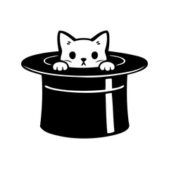 Logotipo con dibujo minimalista de un gatito simpático asomando del interior de un sombrero de mago  © teracreonte