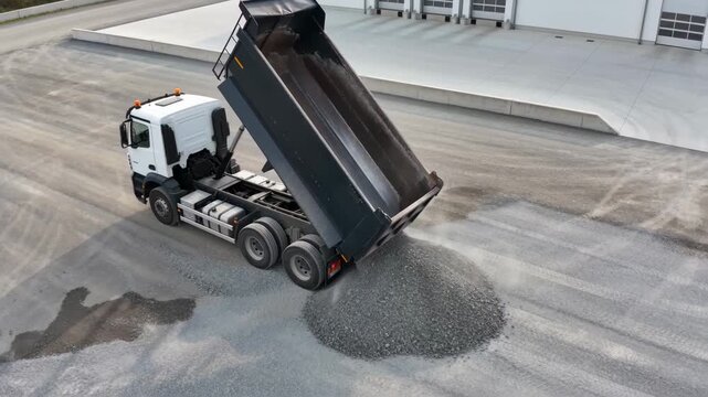 Dump truck unloading gravel on road construction site, showing heavy machinery work and infrastructure development process