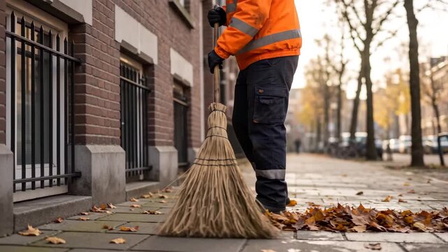 Street cleaner sweeping fallen autumn leaves on city sidewalk, showing municipal maintenance work and urban environment care