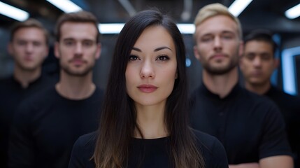 Obraz premium A confident woman is featured in the foreground standing with a group of men in a sleek professional indoor environment