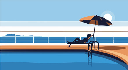 Fototapeta premium Person relaxing on lounge chair by ship deck pool with ocean view