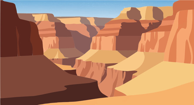 Grand canyon rocky landscape with deep valleys and blue sky illustration
