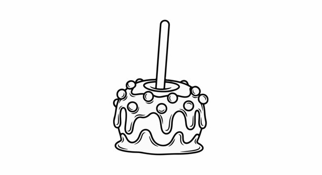A black and white line drawing of a caramel apple with round candies