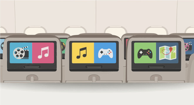Airplane seat entertainment screens displaying movies music games and maps illustration