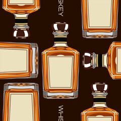 Seamless pattern featuring repeating illustrations of Whiskey against an dark brown background. Ideal for fabric, wallpaper, wrapping paper, or digital backgrounds. © Robert Yap