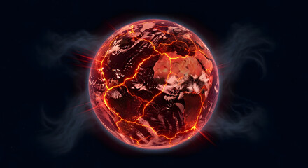 Fototapeta premium A fiery, cracked planet emits smoke, symbolizing destruction and cataclysmic change, a powerful visual metaphor for global crisis
