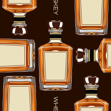 Seamless pattern featuring repeating illustrations of Whiskey against an dark brown background. Ideal for fabric, wallpaper, wrapping paper, or digital backgrounds.