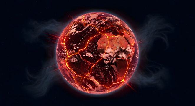 A fiery, cracked planet emits smoke, symbolizing destruction and cataclysmic change, a powerful visual metaphor for global crisis