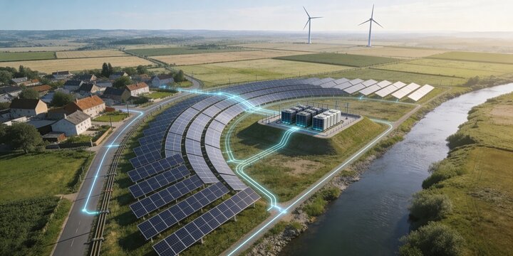 Smart local grid resilience aerial with curved solar array battery storage village and wind turbines for energy transition report cover and presentation header