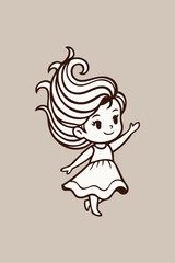 Logotipo de boutique de moda infantil. Dibujo minimalista con líneas de una niña sonriente saludando con la mano y con el cabello ondulado  © teracreonte