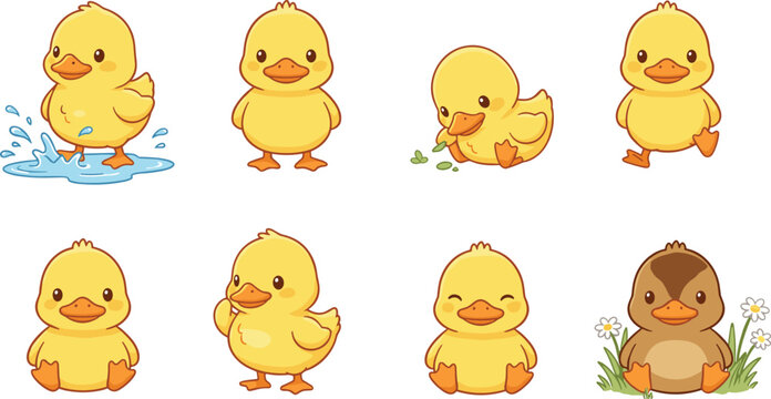 Colorful vector illustration of cute duckling characters symbolizing playfulness, diversity, and nature