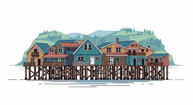 A charming pixelated illustration of stilt houses over water with hills