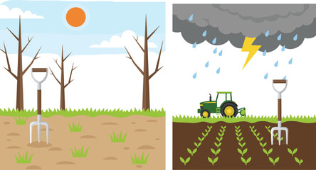 Vector illustration comparing dry barren farmland and fertile rainy farmland showing agricultural weather effects © Mossadessur Rahman