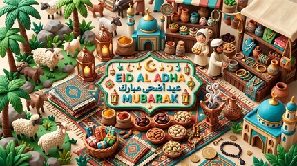 Fototapeta premium Eid al adha celebration festive market scene with sheep and decorations