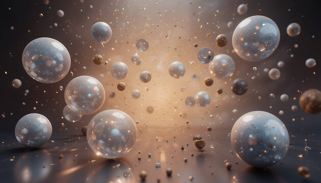 Floating transparent bubbles with rainbow reflections on surface in dark room with light beam