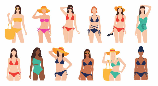 A vibrant collection of diverse women showcasing various stylish swimsuits, bikinis, and beachwear, perfectly poised for summer vacations, poolside relaxation, and sun-soaked seaside adventures
