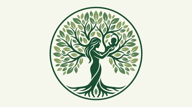 Mother and Baby Tree of Life Logo - Stylized Motherhood and Fertility Symbol with Roots and Branches Representing Family Heritage, Nature, and Life Growth