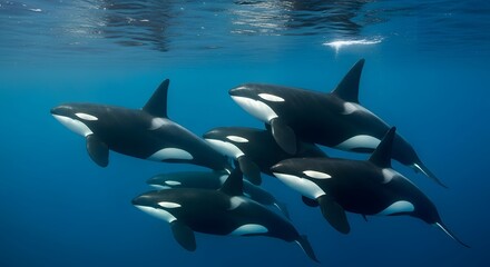 Naklejka premium A pod of killer whales, also known as orcas, swimming gracefully in the deep blue ocean, showcasing their majestic beauty and intelligence