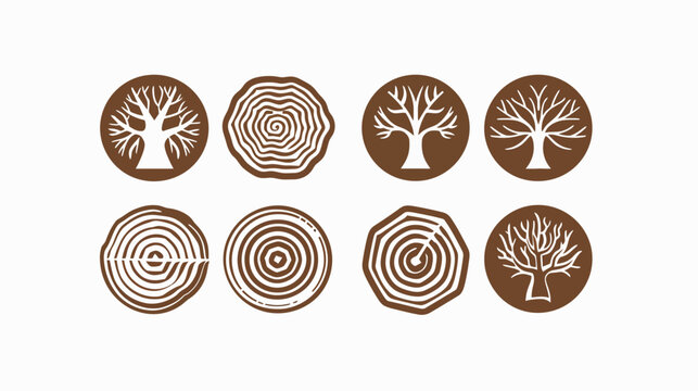 Eight minimalist tree & log ring icons in brown tones on a stark white background