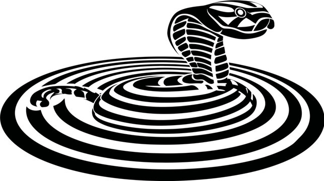 A monochrome illustration of a cobra rising from concentric, striped circles