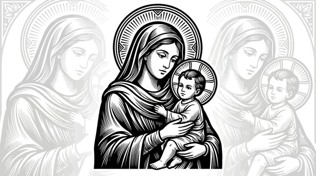 Virgin Mary and Child Jesus Black and White Woodcut Style Vector Illustration - Madonna and Child Religious Iconography for Christian Art and Church Design