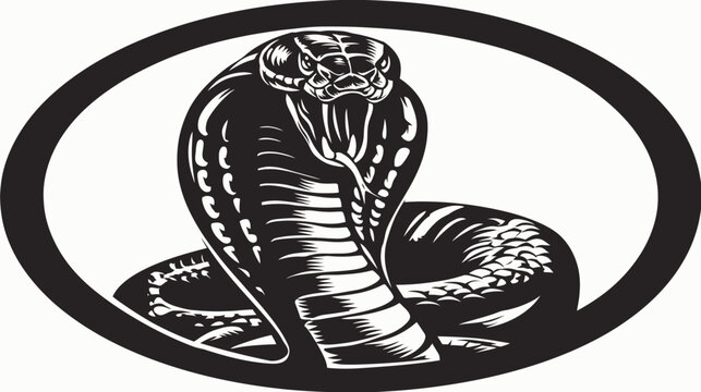 Stylized, black and white illustration of a cobra rising inside an oval frame