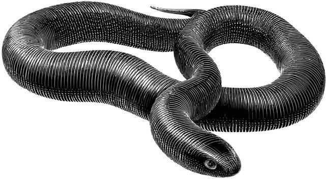 A monochrome illustration of a snake in a coiled position, presented on a white background