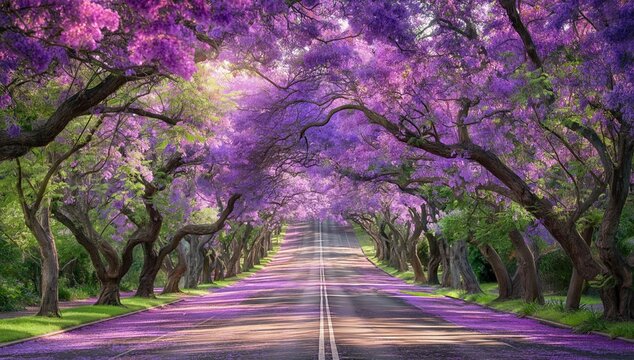 A scenic road lined with blooming jacaranda trees creating a vibrant purple canopy and carpet, bathed in soft sunlight.