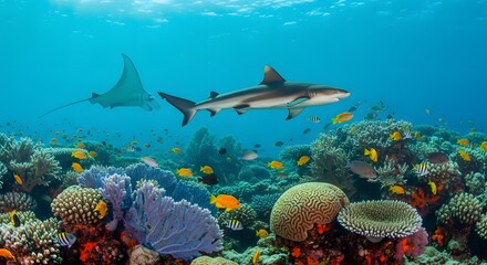 Fototapeta premium Vibrant coral reef scene with shark and ray swimming amidst colorful fish and sea anemones underwater.