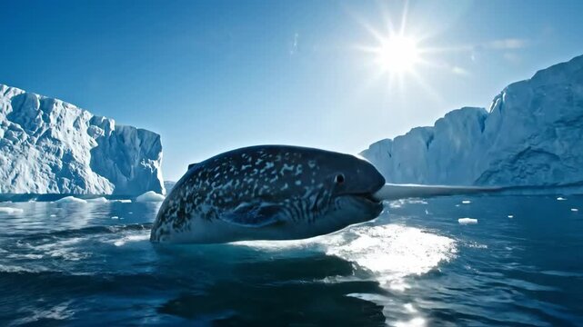 Narwhal Breaching in Arctic Waters with Icebergs