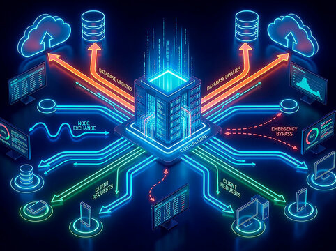 The central core of a distributed computing system with client requests, database updates, and failover