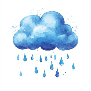 Watercolor cloud blue cloud rain drop rainy weather storm cloud hand drawn cute illustration isolated white children art sky symbol Watercolor cloud gentle rain drop, blue cloud with rainy weather