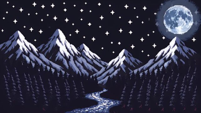 A vibrant pixel art landscape depicts a serene mountain scene with a rising sun.