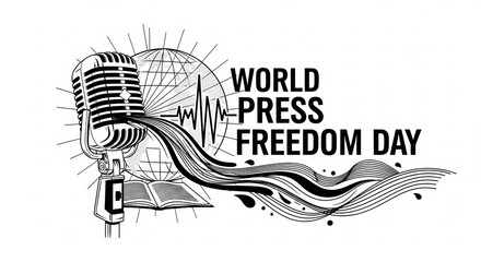 Naklejka premium World Press Freedom Day Illustration With Microphone, Globe, Open Book And Flowing Waves