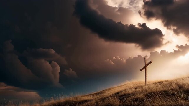 Wooden cross on hill under dramatic lightning sky, sunset light, strong spiritual symbolism
